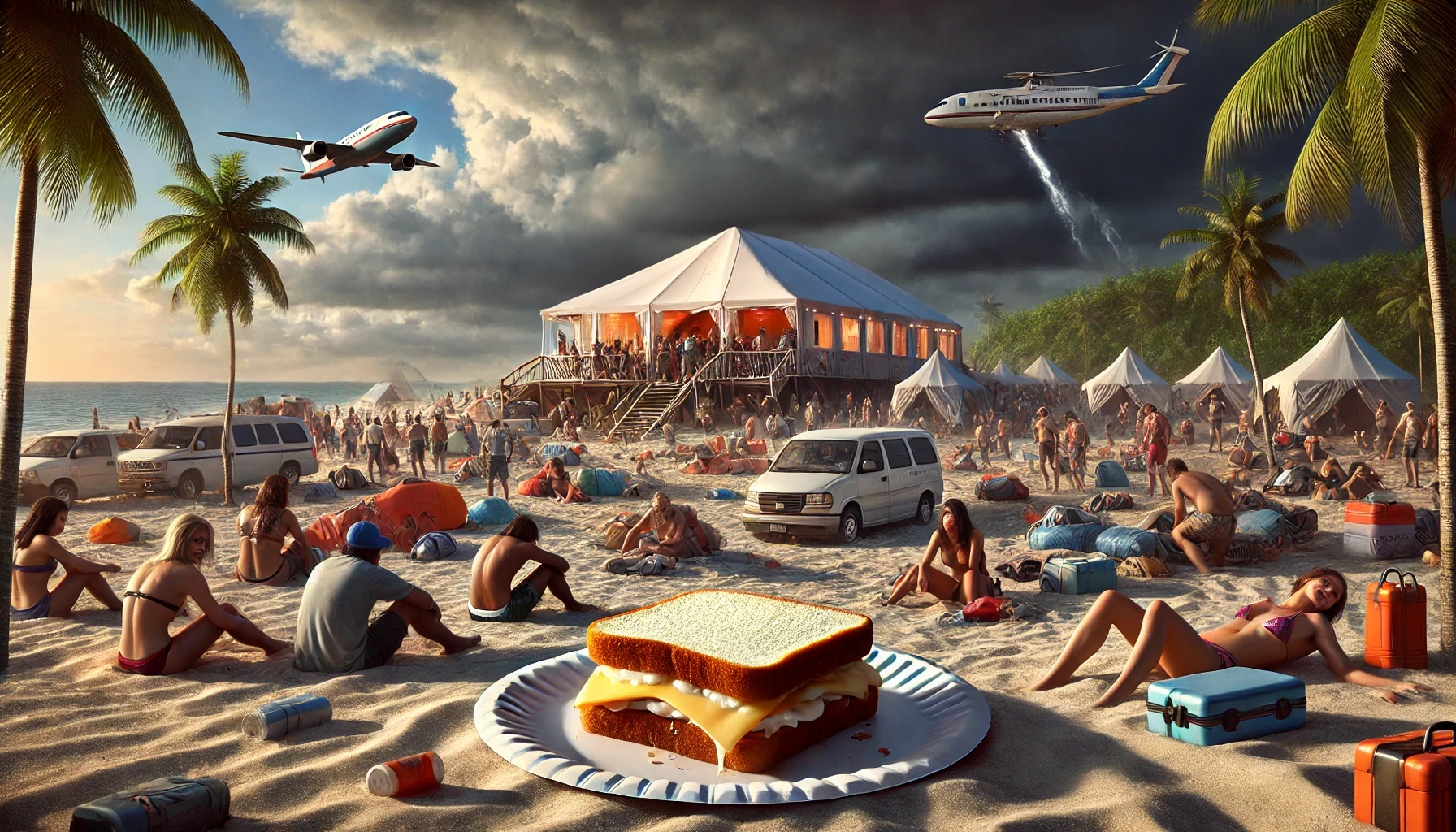 Symbolbild Fyre Festival 2 Das Bild zeigt eine chaotische Festivalszene in einem tropischen Setting, doch statt luxuriöser Unterkünfte und ausgelassener Stimmung herrscht hier Enttäuschung und Verzweiflung.